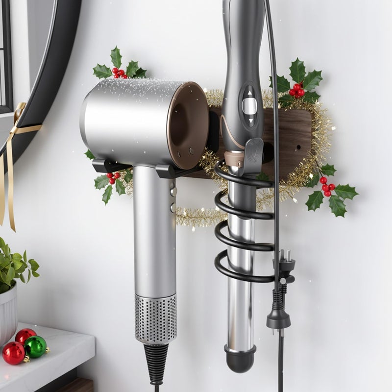 Tindbea Hair Dryer Holder Curling Iron Holder, Blow Dryer Holder Wall Mount, Bathroom Hair Tool Organizer Rack for Universal Dryer, Walnut Matte Black - Image 1